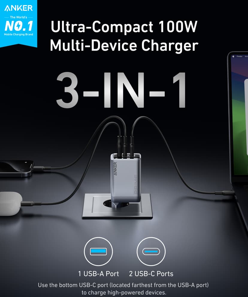 Anker Prime Charger 100W 3 Ports GaN 0m Svart