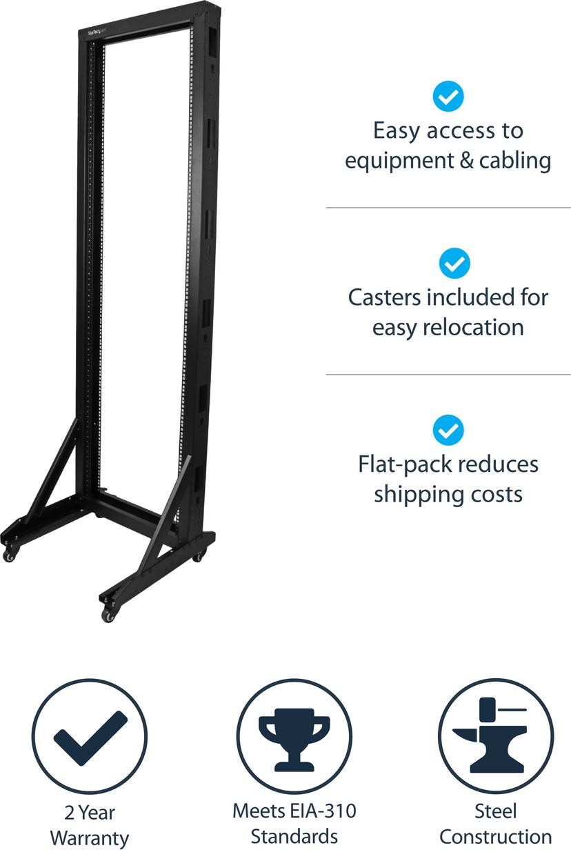 Startech 42U Open Server Rack Frame met robuuste stalen constructie en zwenkwielen