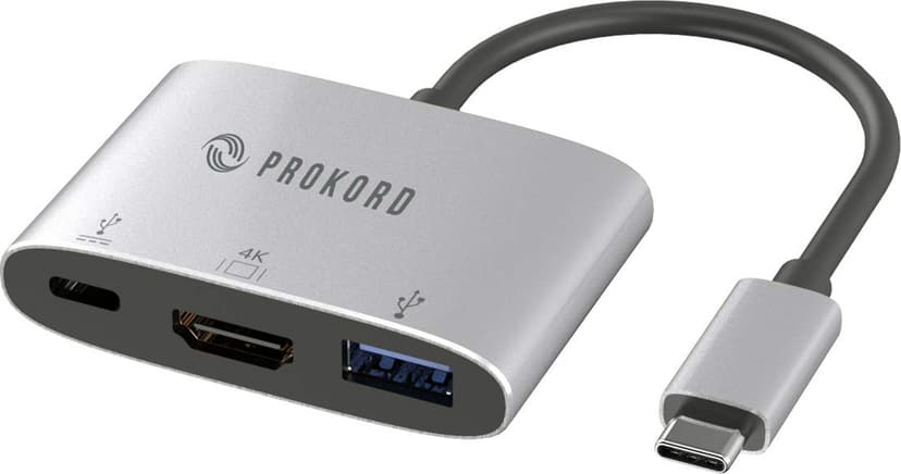 Prokord USB-C-sovitin HDMI 4K 30 Hz USB-A PD 100 W moniliitäntä 0.15m USB-C HDMI + USB Alumiini
