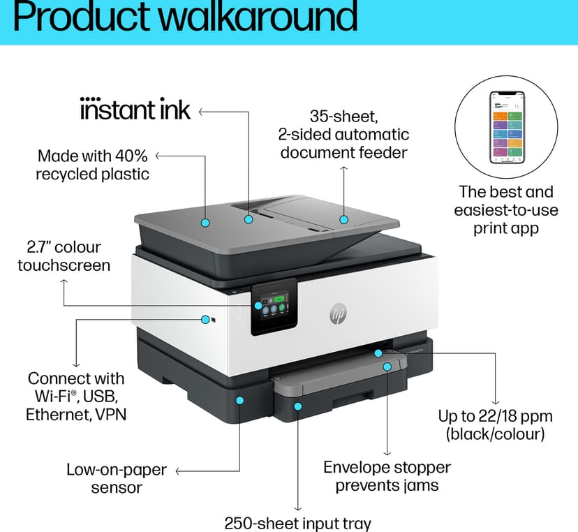 HP OfficeJet Pro 9122e Draadloos All-in-One Kleur Printer, Instant Ink; Dubbelzijdig printen