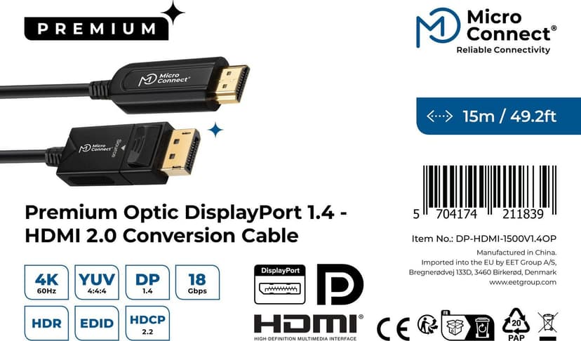 Microconnect Premium Optic DisplayPort 1.4 - HDMI 2.0 Cable 15m DisplayPort HDMI Zwart