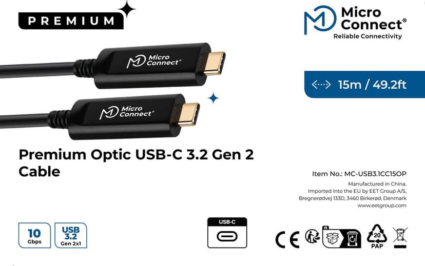 Microconnect MC-USB3.1C15OP USB-kablar USB 3.2 Gen 2 (3.1 Gen 2) 15 m USB C Svart 15m USB-C USB-C Svart