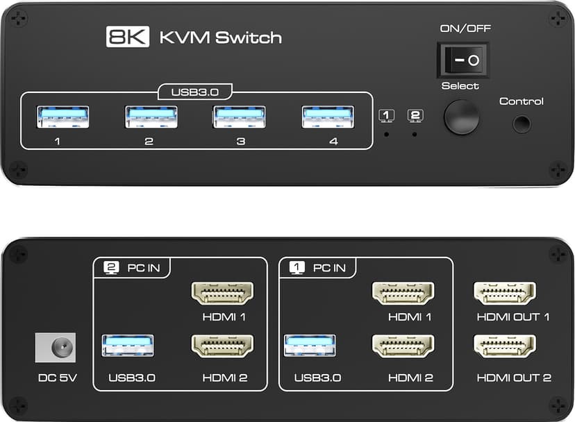 Prokord KVM-switch 2-porter Dual Monitor HDMI USB 3.0 8K (2 datamaskiner, 2 skjermer)