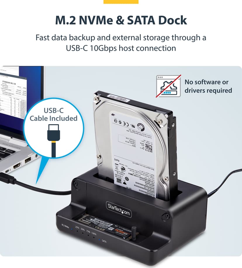 Startech StarTech.com M.2 NVMe till 2,5-/3,5-tums SATA-enhetsduplikator, fristående SSD-klonare och enhetsdocka med två fack, dubbelriktad NVMe till SATA/SATA till NVMe-klonare, upp till 27 GB/min, SATA III, USB 10 Gbps