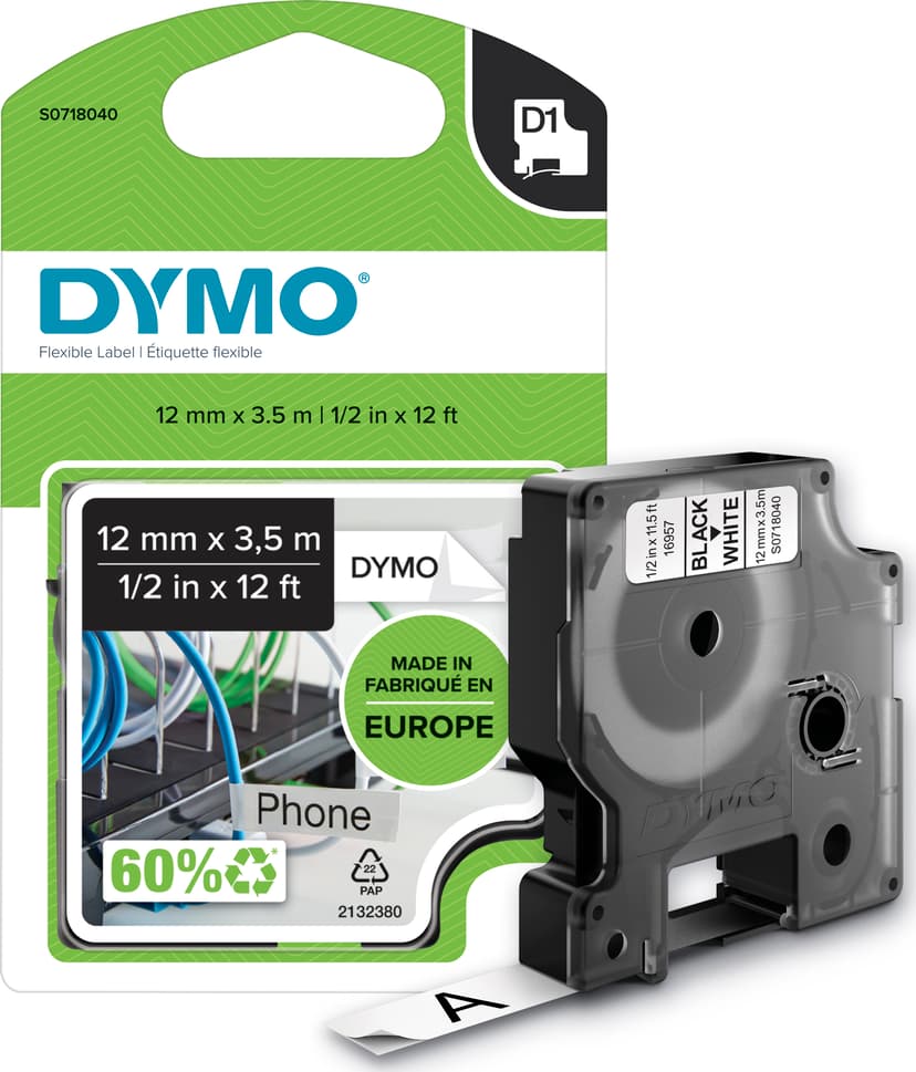 Dymo Tape D1 12mm Svart/Hvit Flexible