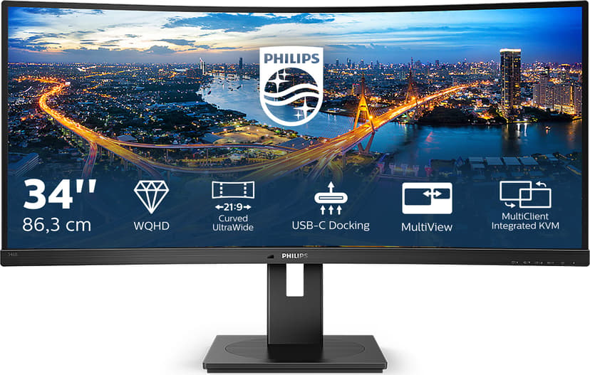 Philips B Line 346B1C/00 computer monitor 86,4 cm (34") 3440 x 1440 Pixels Quad HD LCD Zwart 34, 34 inch/86.36 cm" 3440 × 1440pixels VA 21:9 100Hz