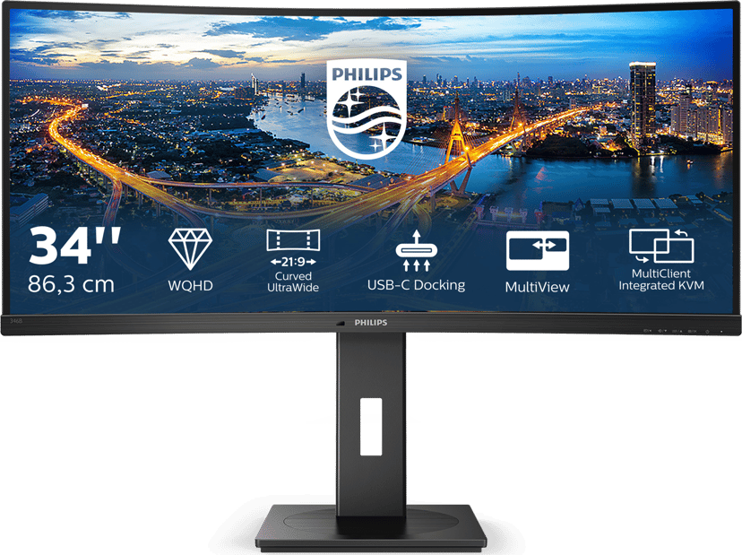 Philips B Line 346B1C/00 computer monitor 86,4 cm (34") 3440 x 1440 Pixels Quad HD LCD Zwart 34, 34 inch/86.36 cm" 3440 × 1440pixels VA 21:9 100Hz