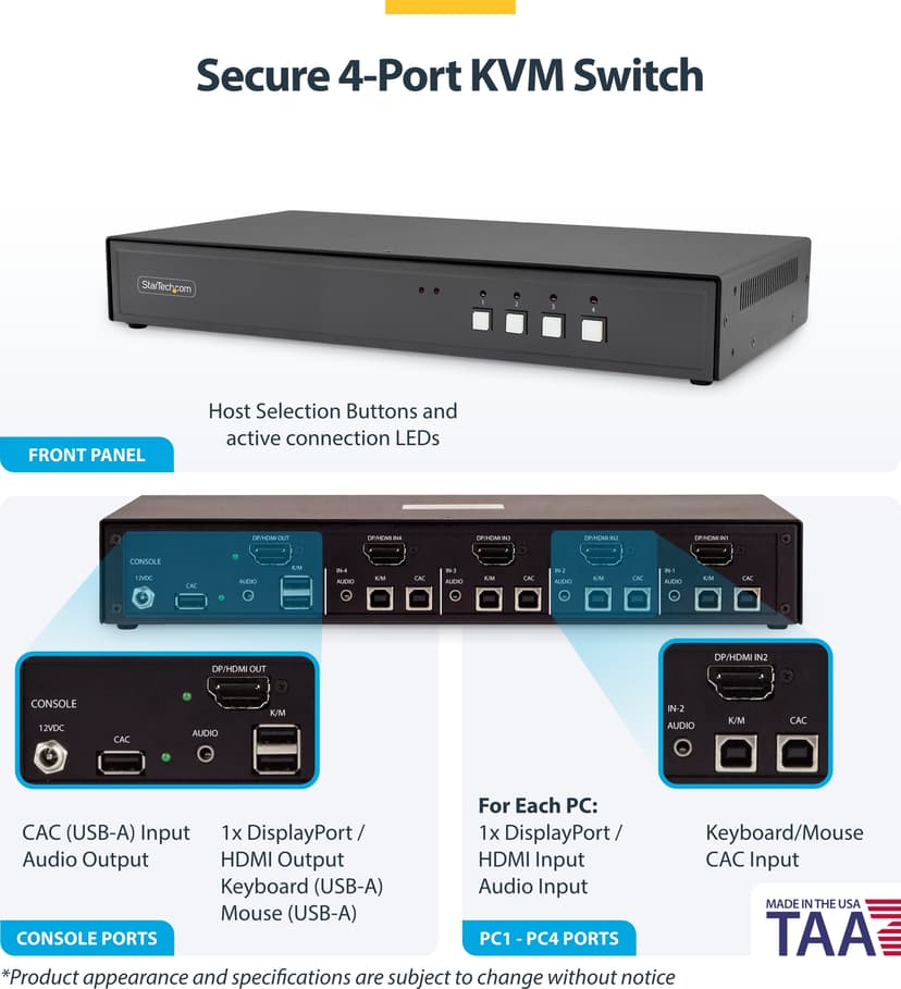 Startech StarTech.com Säker 4-portars KVM-switch, HDMI eller DisplayPort, 4K 60 Hz, NIAP-godkänd stationär KVM, metallhölje, CAC-port, TAA-kompatibel
