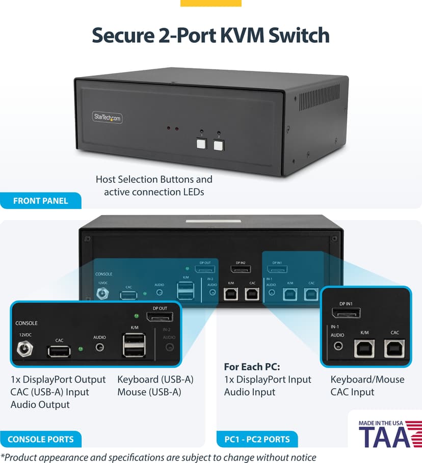 Startech StarTech.com Secure 2-Port KVM Switch, DisplayPort, 4K 30Hz, NIAP 4.0 Gecertificeerde Desktop KVM, Metalen Behuizing, CAC Poort, Made in USA