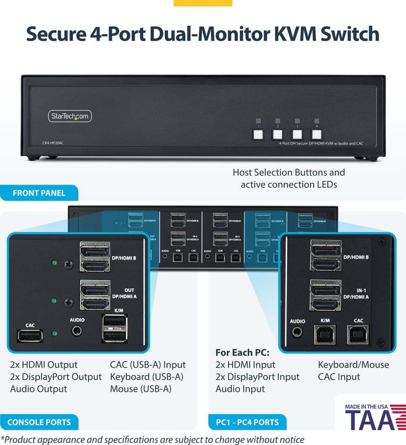 Startech StarTech.com Secure 4-Port Dual-Monitor KVM Switch, HDMI of DisplayPort, 4K 60Hz, NIAP 4.0 Gecertificeerde Desktop KVM, Metalen Behuizing, CAC Poort, Made in USA