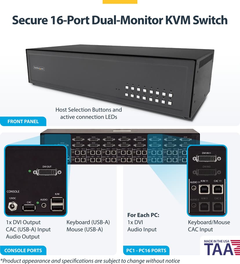 Startech StarTech.com Säker 16-portars KVM-switch, DVI, NIAP 4.0 Desktop KVM, metallhölje, CAC-port, tillverkad i USA