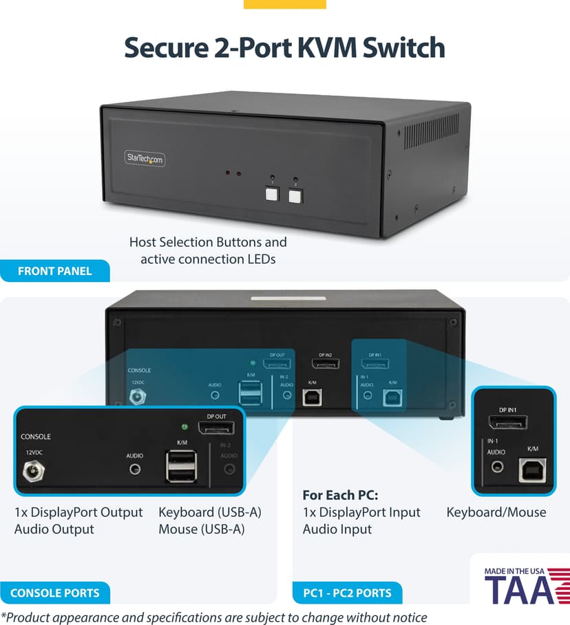 Startech StarTech.com Säker 2-portars KVM-switch, DisplayPort, 4K 30 Hz, NIAP 4.0 Desktop KVM, metallhölje, tillverkad i USA