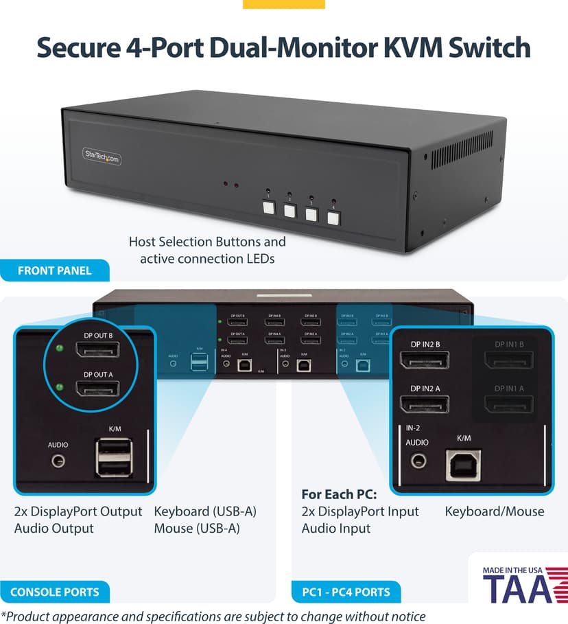 Startech StarTech.com Secure 4-Port Dual-Monitor KVM Switch, DisplayPort, 4K 30Hz, NIAP 4.0 Gecertificeerde Desktop KVM, Metalen Behuizing, Made in USA