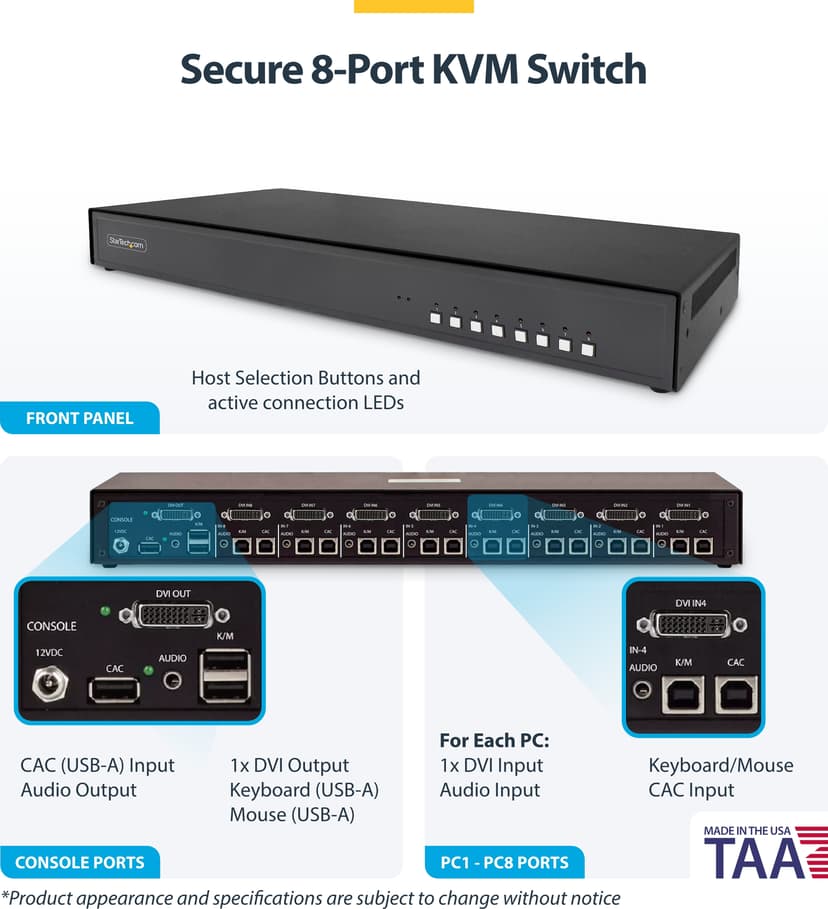 Startech StarTech.com Secure 8-Port DVI KVM Switch, NIAP 4.0 Gecertificeerde Desktop KVM, Metalen Behuizing, CAC Poort, Sabotagebeveiliging, Made in USA