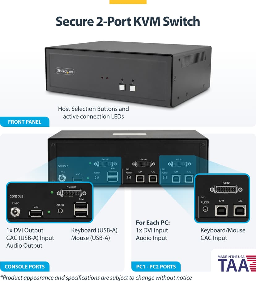 Startech StarTech.com Secure 2-Port KVM Switch, DVI, NIAP 4.0 Gecertificeerde Desktop KVM, Metalen Behuizing, CAC Poort, Made in USA