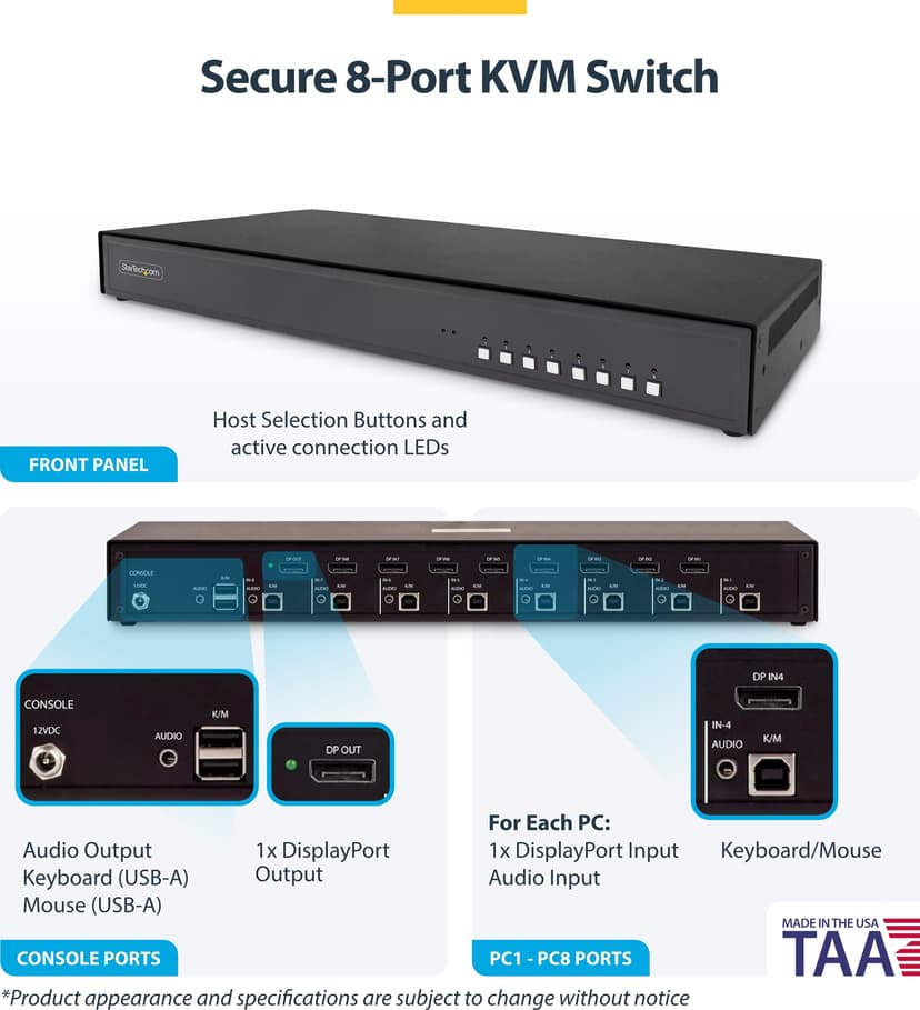 Startech StarTech.com Secure 8-Port KVM Switch, DisplayPort, 4K 30Hz, NIAP 4.0 Gecertificeerde Desktop KVM, Metalen Behuizing, Made in USA