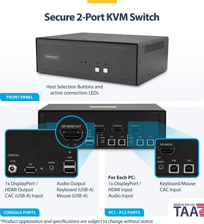 Startech StarTech.com Säker 2-portars KVM-switch, HDMI eller DisplayPort, 4K 60 Hz, NIAP-godkänd stationär KVM, metallhölje, CAC-port, TAA-kompatibel