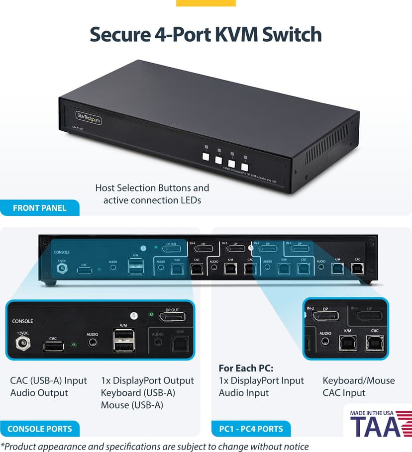 Startech StarTech.com Secure 4-Port KVM Switch, DisplayPort, 4K 30Hz, NIAP 4.0 Gecertificeerde Desktop KVM, Metalen Behuizing, CAC Poort, Made in USA