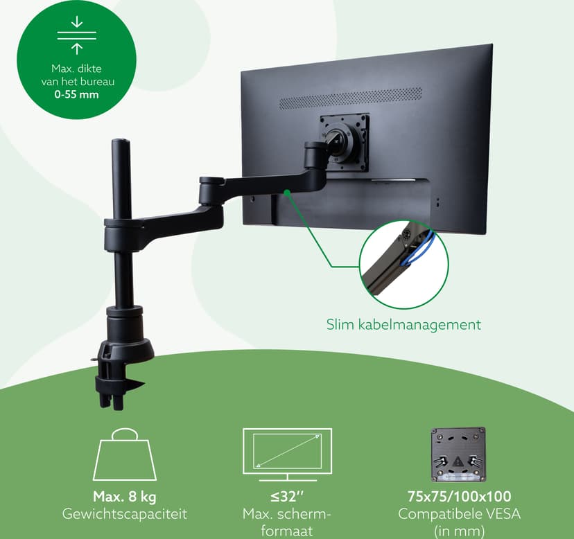 R-Go Tools Monitorarm R-Go Zepher, verstelbare enkele monitorarm, 100% circulair, tot 8 kg draagvermogen, zwart
