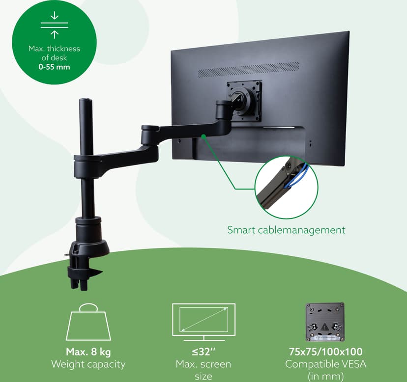 R-Go Tools Monitorarm R-Go Zepher, verstelbare enkele monitorarm, 100% circulair, tot 8 kg draagvermogen, zwart