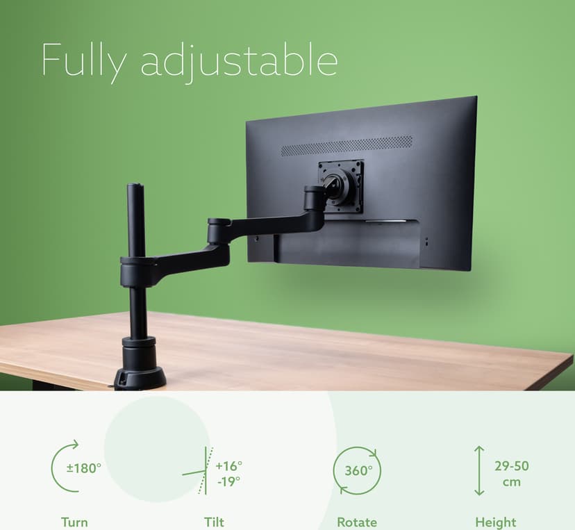 R-Go Tools Monitorarm R-Go Zepher, verstelbare enkele monitorarm, 100% circulair, tot 8 kg draagvermogen, zwart
