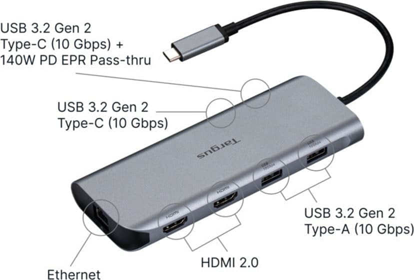 Targus Dockningsstation för mobil användning med dubbla videoutgångar och 140 W EPR pass-through via USB-C USB-C 3.2 Gen 2 (3.1 Gen 2)