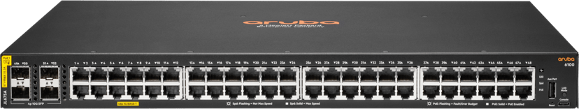 HPE Aruba Networking 6100 48G Class4 PoE 4SFP+ 370W Administreret L3 Gigabit Ethernet (10/100/1000) Strøm over Ethernet (PoE) 1U Sort
