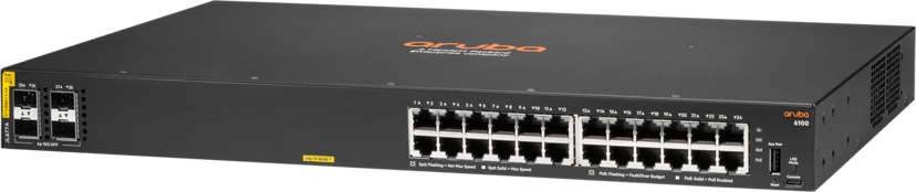HPE Aruba Networking CX 6100 24G Class4 PoE 4SFP+ 370W Administreret L3 Gigabit Ethernet (10/100/1000) Strøm over Ethernet (PoE) 1U Sort