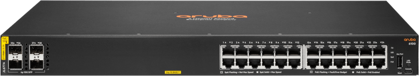 HPE Aruba Networking CX 6100 24G Class4 PoE 4SFP+ 370W Administreret L3 Gigabit Ethernet (10/100/1000) Strøm over Ethernet (PoE) 1U Sort