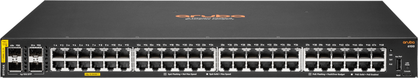 HPE Aruba Networking CX 6100 48G Class4 PoE 4SFP+ 740W Administreret L3 Gigabit Ethernet (10/100/1000) Strøm over Ethernet (PoE) 1U
