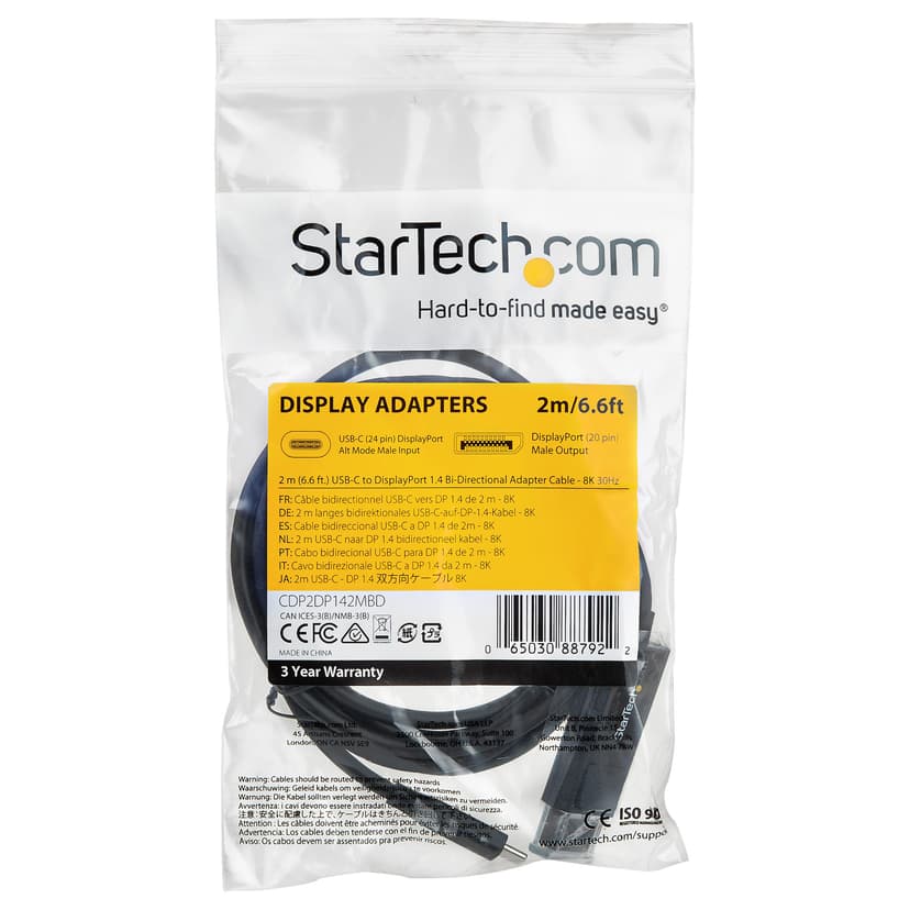 Startech USB-C kabel 8K 60Hz/4K 2m USB-C DisplayPort Svart