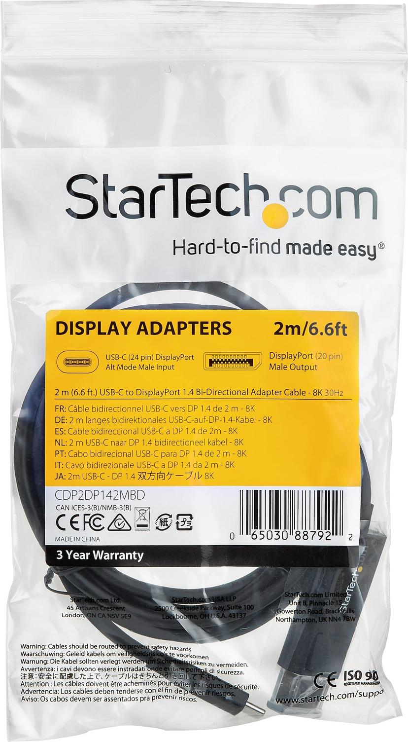 Startech USB-C kabel 8K 60Hz/4K 2m USB-C DisplayPort Zwart