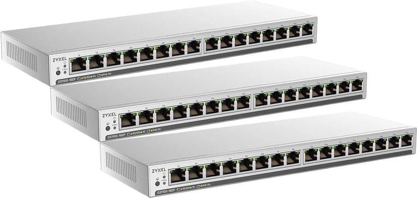 Zyxel GS1100-16EP 16-portars Gigabit Slim PoE-switch 3-pack