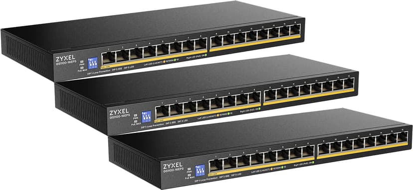 Zyxel GS1100-16EPS 16-portars Gigabit Slim PoE-switch 3-pack