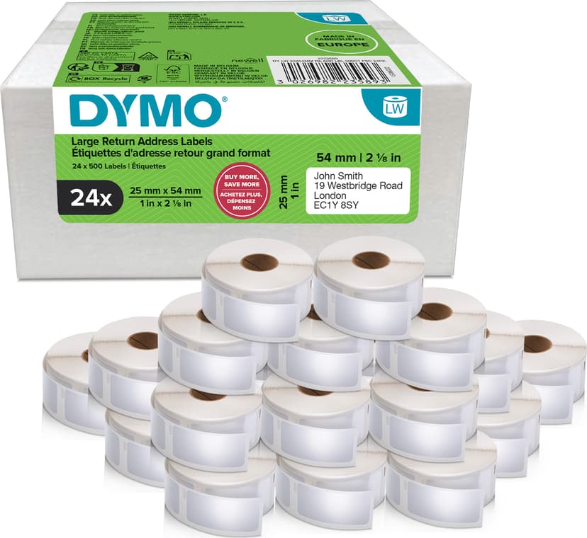 Dymo DYMO-originalreturetiketter för LabelWriter | 25 mm × 54 mm | Självhäftande | 24 rullar med 500 etiketter som enkelt kan dras av (12 000 st) | För LabelWriter-etikettskrivare | Tillverkas i Europa