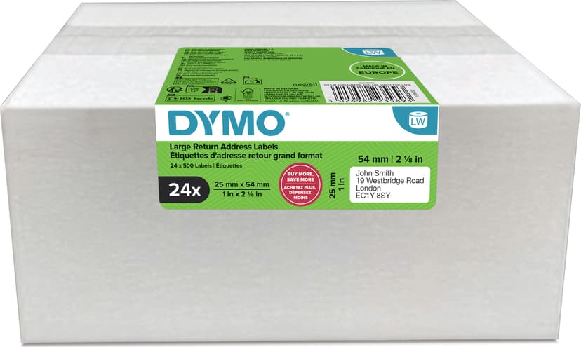 Dymo DYMO-originalreturetiketter för LabelWriter | 25 mm × 54 mm | Självhäftande | 24 rullar med 500 etiketter som enkelt kan dras av (12 000 st) | För LabelWriter-etikettskrivare | Tillverkas i Europa