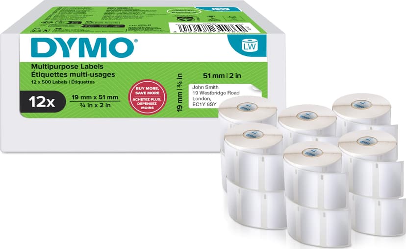 Dymo Etiketter Universal 51x19mm 500stk/Rull 12-Pack