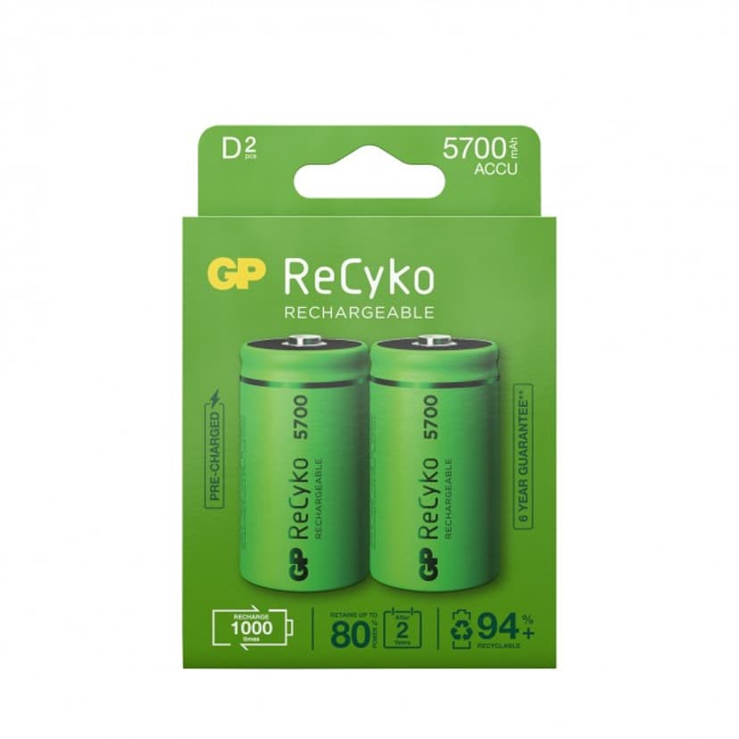 GP 2 kpl ladattavaa Recyko AA 5700mAh akkua