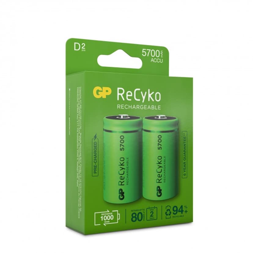 GP 2 kpl ladattavaa Recyko AA 5700mAh akkua