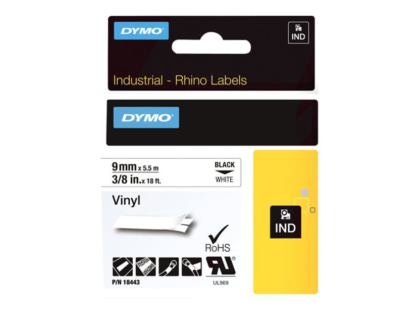 Dymo Tape RhinoPRO Permanent Vinyl 9mm Svart/Hvit