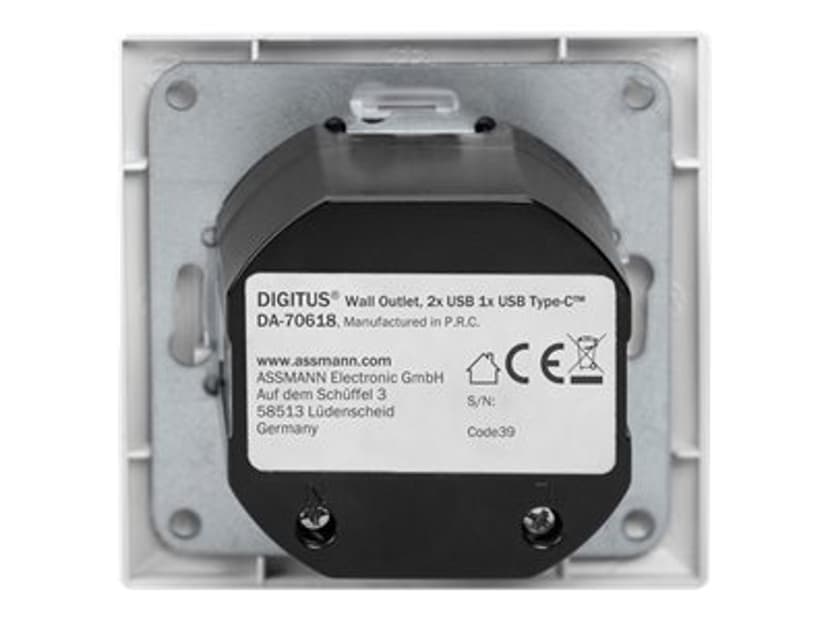 Digitus DA-70618 eluttag 2 x USB A + 1 x USB C Vit