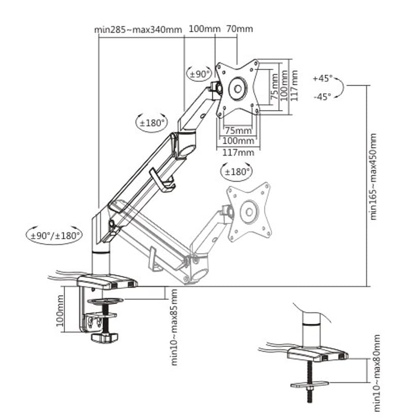 Prokord Gas Spring Monitor Arm USB