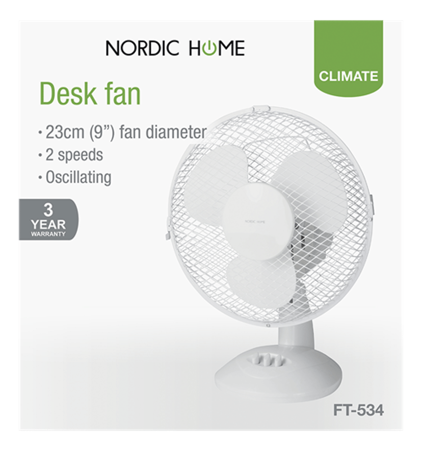 Nordic Home Bordsfläkt 230mm 2-Hastigheter Vit