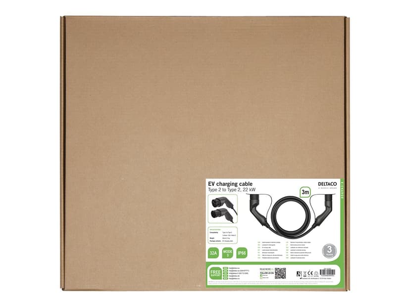 Deltaco E-CHARGE, CABLE TYPE 2 - TYPE 2, 3 PHASE, 32A, 3M 3m Svart