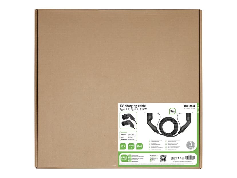 Deltaco E-CHARGE, CABLE TYPE 2 - TYPE 2, 3 PHASE, 16A, 3M 3m Sort