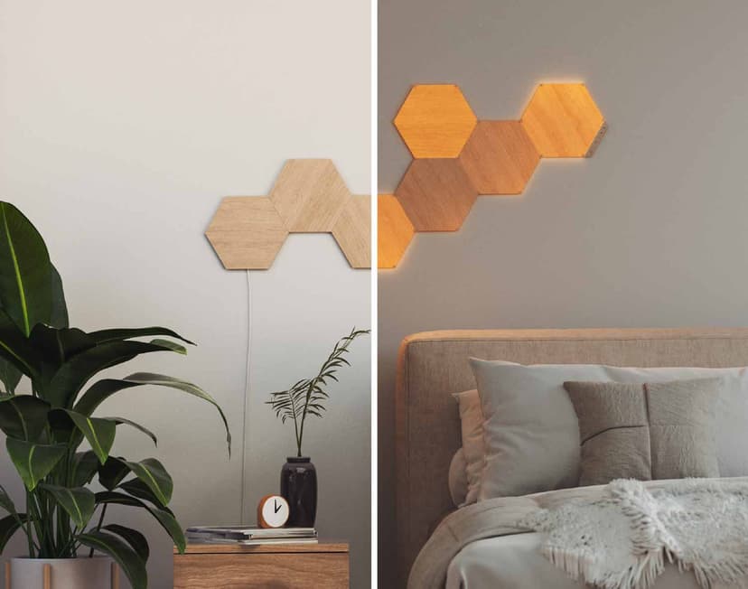 Nanoleaf Elements Wood Lock Hexagones -aloituspakkaus, jossa on 7 paneelia