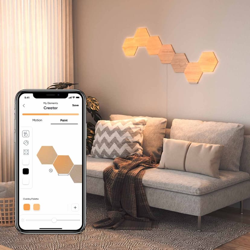 Nanoleaf Elements Wood Lock Hexagones -aloituspakkaus, jossa on 7 paneelia