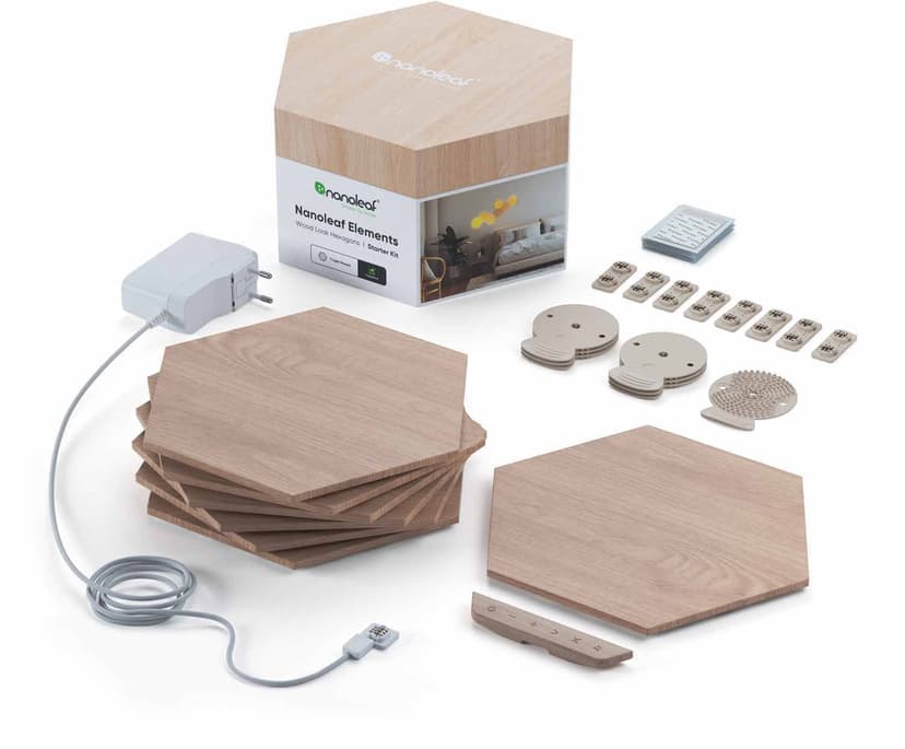 Nanoleaf Elements Wood Lock Hexagones -aloituspakkaus, jossa on 7 paneelia