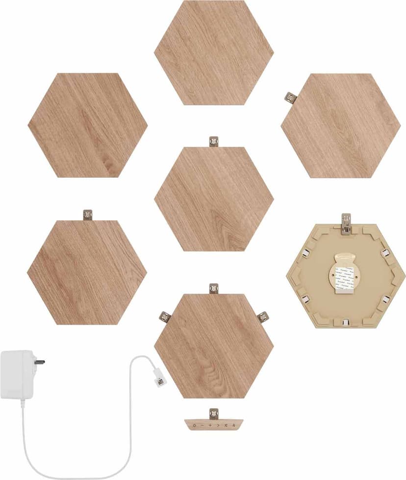 Nanoleaf Elements Wood Lock Hexagones -aloituspakkaus, jossa on 7 paneelia