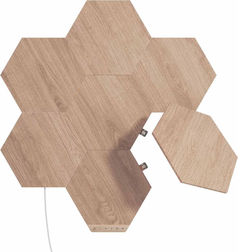 Nanoleaf Elements Wood Lock Hexagones -aloituspakkaus, jossa on 7 paneelia